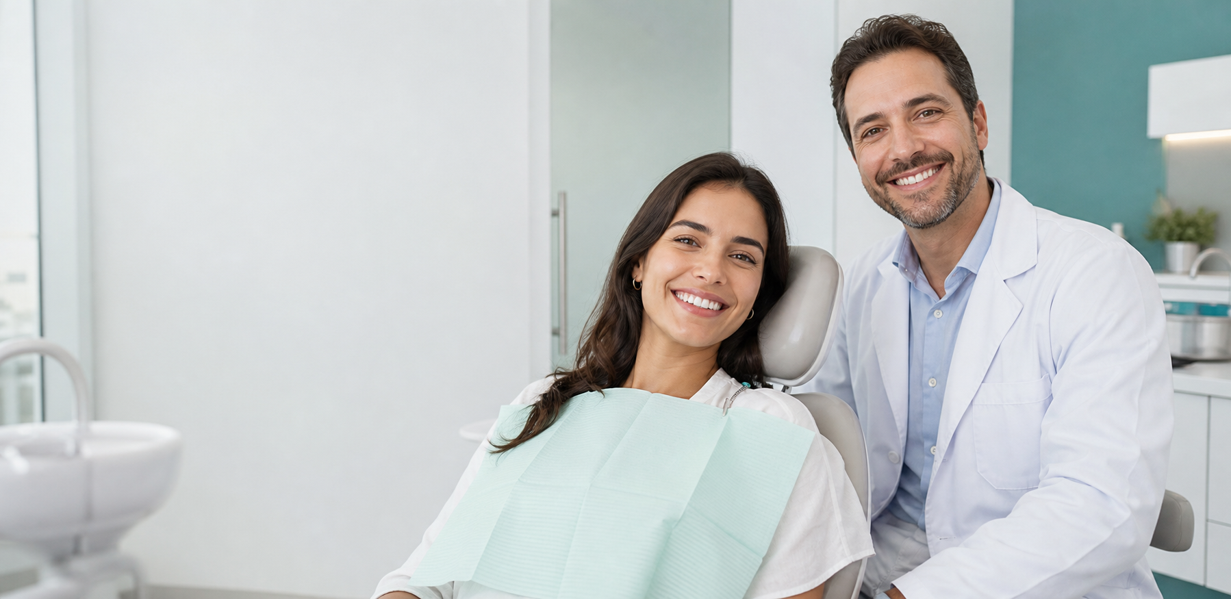 Paciente sorrindo em cadeira odontológica com profissional ao lado